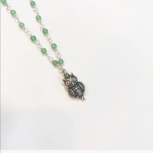 NEW GREEN AVENTURINE & SILVER OWL NECKLACE